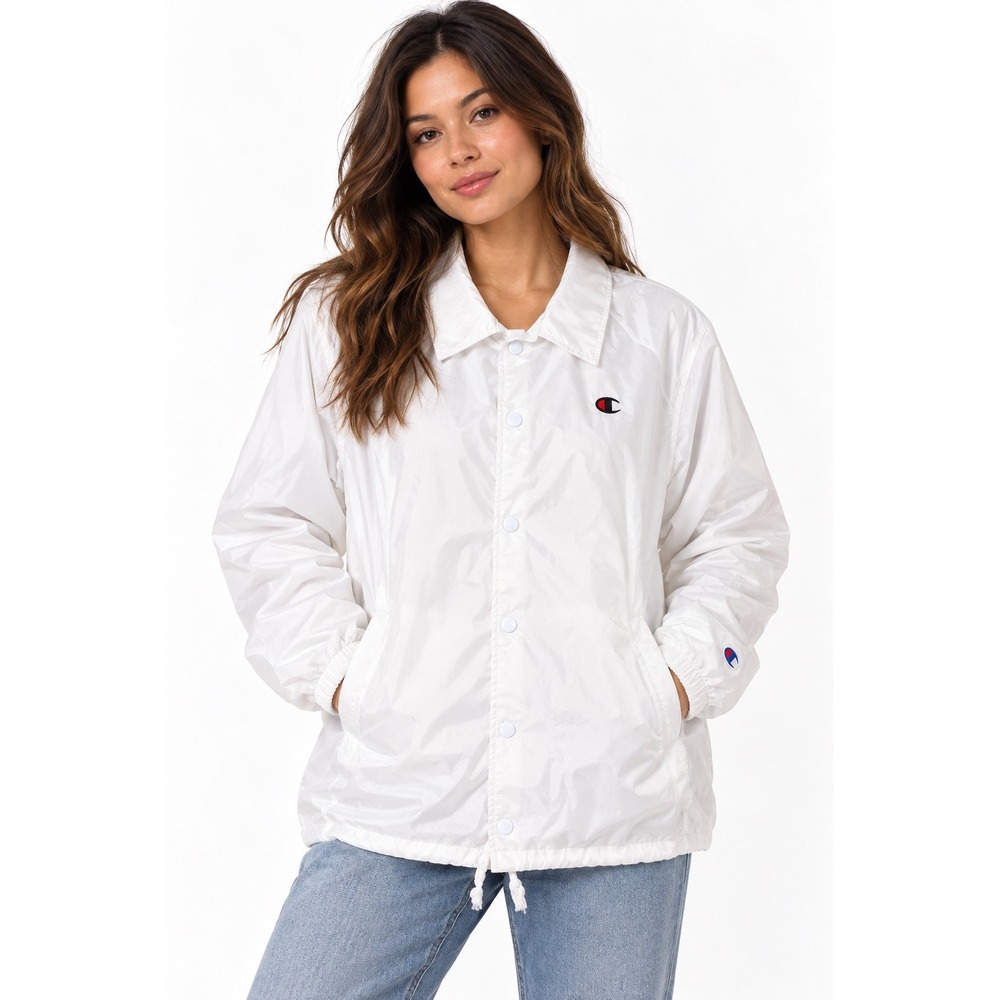 Champion Windbreaker Snap Front Coach Jacket Sporty Streetwear Small White